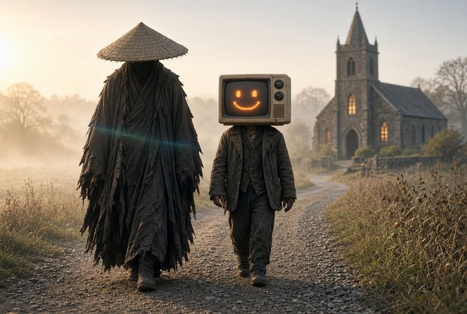 A surreal digital artwork depicts a hooded figure in a conical straw hat walking alongside a person with a retro television for a head displaying a smiley face, down a foggy path toward a gothic church.