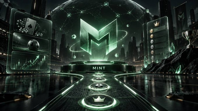 Futuristic digital artwork featuring a glowing green 'M' logo with the word 'MINT' below it, surrounded by floating game elements and a cityscape.
