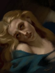 A classical-style painting portrait of a blonde woman with a sorrowful expression, draped in a teal garment against a dark background.