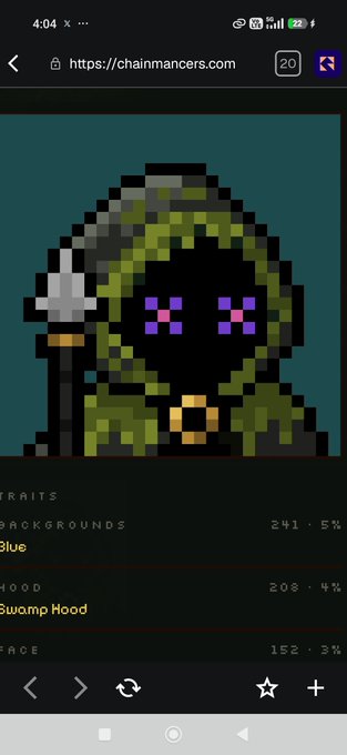 A mobile screenshot from chainmancers.com showing a pixel art character in a green hooded cloak with purple eyes holding a staff, with trait percentages listed for Blue background, SwampHood, and Face.