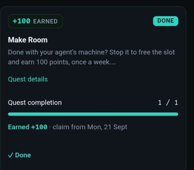 A "+100 Earned" quest completion screen for the "Make Room" quest on Amadeus Testnet (@ama_protocol), showing a full progress bar (1/1) and indicating the 100 points can be claimed starting Monday, 21 September. The image confirms the post's claim that users can earn 100 points for free by creating an agent machine and stopping it to free a slot.