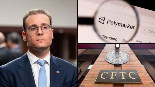 The image is a split composition: on the left, a man in a suit and glasses, and on the right, a magnifying glass hovering over the "Polymarket" website above a "CFTC" seal on a building, visually tying the person to the CFTC's scrutiny of Polymarket's promotional practices.