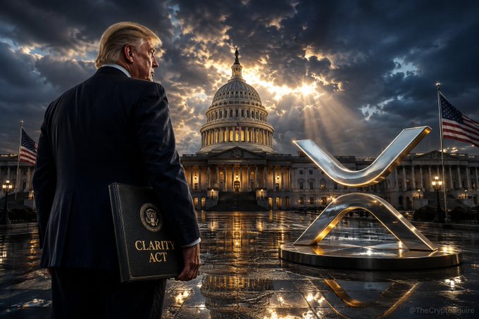 A political-themed image showing Donald Trump from behind holding a 'CLARITY ACT' folder, facing the U.S. Capitol with a large XRP/X logo sculpture in the foreground.