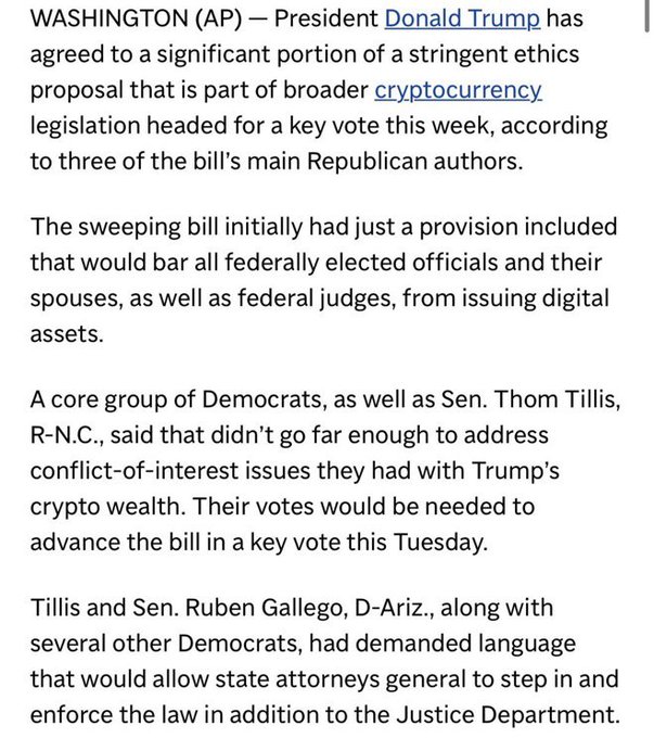 A news article excerpt from the AP reporting that President Donald Trump has agreed to a stringent ethics proposal in cryptocurrency legislation regarding federal officials and digital assets.