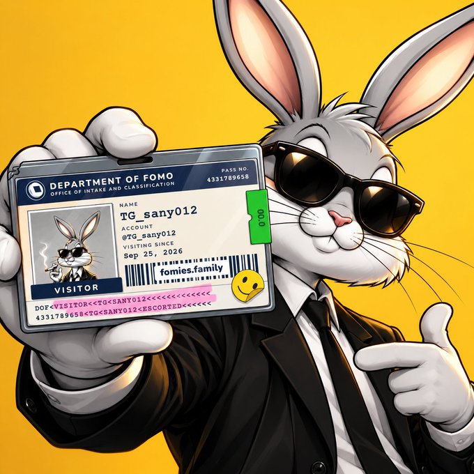 An illustration of Bugs Bunny wearing sunglasses and a suit, holding up a Department of Fomo visitor ID card for 'TG_sanyo012' with a barcoded pass number.