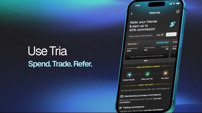 The image shows an iPhone screen displaying a tutorial about using Tria for trading cryptocurrencies, specifically Bitcoin. The phone's display features a blue background with white text that reads "Use Tria", followed by instructions on how to use the app. The main content of the tutorial is focused on the use of the app and its benefits in managing multiple virtual machines across different platforms simultaneously.