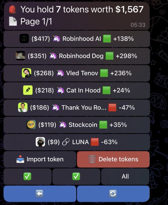 A screenshot of a Robinhood crypto portfolio totaling $1,567 across 7 tokens, featuring notable holdings like Robinhood AI ($417, +138%), Robinhood Dog ($351, +298%), Vled Tenov ($268, +236%), and Cat In Hood ($218, +24%), alongside some losses including Thank You Ro... (-47%) and LUNA (-63%). The post jokingly asks Vlad Tenov how his portfolio looks, playfully referencing the "Vled Tenov" meme token included in his bag.