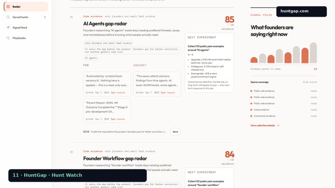 A screenshot of a website called 'HuntGap' showing a news feed with articles like 'AI Agents gap radar' and 'Founder Workflow gap radar', with a banner at the bottom reading '11 · HuntGap · Hunt Watch'.