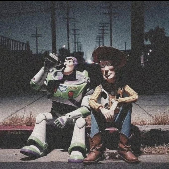 An artistic illustration shows Buzz Lightyear and Woody from Toy Story sitting on a curb at night under streetlights, with 'Trnate' signed in the corner.