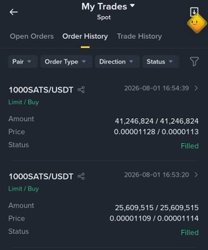 A cryptocurrency trading app interface showing 'My Trades' on the Spot market with filled orders for the '1000SATS/USDT' trading pair.