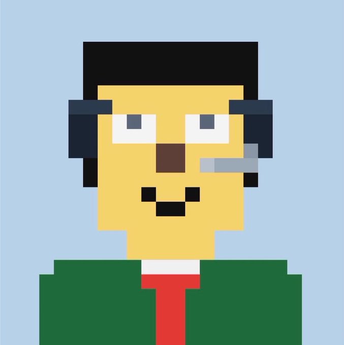 A pixel art illustration of a yellow-skinned man wearing glasses, a headset, a green shirt, and a red tie.