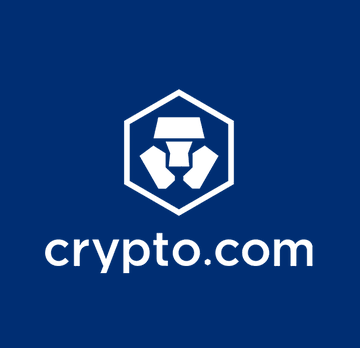A blue logo for 'crypto.com' featuring a white hexagonal symbol above the company name.