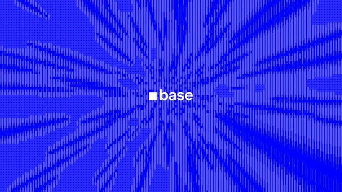 A vibrant blue abstract graphic with radiating geometric patterns and the Coinbase logo in the center.