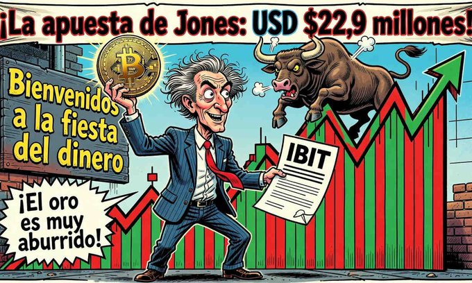 A cartoon-style illustration shows Paul Tudor Jones holding a Bitcoin and an "IBIT" document, with a bullish market chart and a bull in the background, alongside Spanish text reading "¡La apuesta de Jones: USD $22,9 millones!" and "Bienvenidos a la fiesta del dinero," visually representing his $22.9 million investment in BlackRock's spot Bitcoin ETF (IBIT).