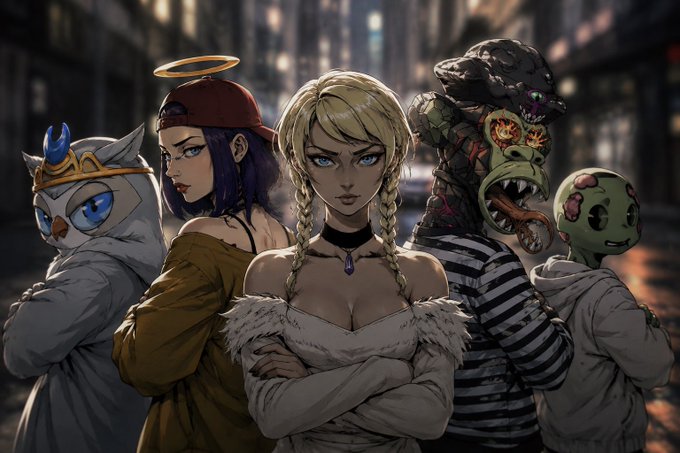An anime-style illustration featuring five characters including an owl-headed figure with a crown, a woman with a halo, a blonde woman in braids, a zombie-like creature, and a green alien-like figure against a dark city backdrop.