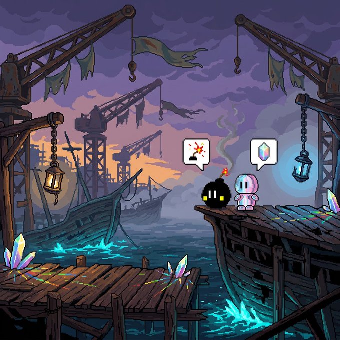 A pixel art video game scene showing two small characters (one black and one white/pink) standing on a wooden dock in a shipyard with cranes, a shipwreck, and glowing crystals in the background.
