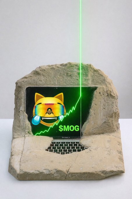 The image depicts a rock with a MacBook inside it, displaying a crying-laughing cat meme with the text "$MOG" and an upward-trending green chart, with a green laser beam shooting upward—symbolizing the anticipated explosive price surge referenced in the post about a "$MOG god candle."
