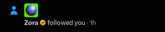 A dark notification bar displays a user icon and 'Zora' with a sun emoji, indicating 'Zora followed you · 1h'.