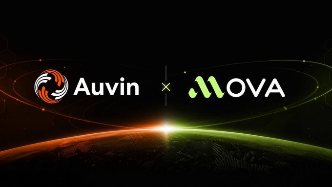 Promotional graphic announcing a partnership between Auvin and OVA, displayed against a space background with Earth visible at the bottom.