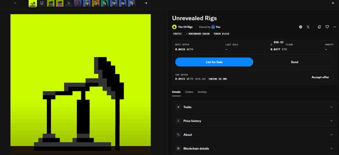 An OpenSea NFT listing page for 'The Oil Rigs' with a neon green and black pixel-art thumbnail, showing a best offer of 0.0435 ETH and a top offer of 0.0435 WETH (~$79.39).
