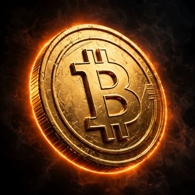 A glowing golden Bitcoin coin surrounded by flames and smoke against a dark background.
