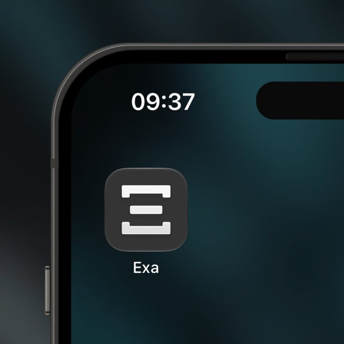 A close-up of a smartphone screen showing the time 09:37 and an app icon labeled 'Exa' on a dark teal background.