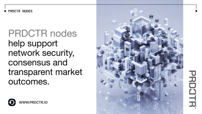 A light blue advertisement for PRDCTR nodes stating they 'help support network security, consensus and transparent market outcomes,' with the website WWW.PRDCTR.IO.