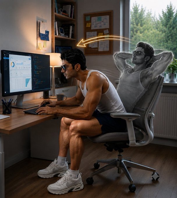 A man in a white tank top sitting at a desk working on a computer displaying analytics charts, with a translucent ghostly duplicate of himself leaning back relaxed in the chair behind him, illustrating a split between focused work and relaxation.