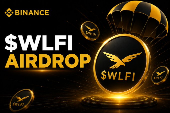 The image features a promotional poster for a Bitcoin fundraiser, with a large black circle containing a gold eagle logo at its center. The background of the poster is black, and there are several coins scattered around the circle. In the foreground, there's an umbrella that appears to be falling from the sky, symbolizing the concept of an "airdrop" in this context. The text on the poster reads: "Binance launched an airdrop campaign rewarding all eligible users who held World Liberty Financial (WLFI) on the platform."