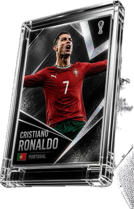 This image features a digital collectible card of Cristiano Ronaldo in his Portugal jersey with the number 7, representing his status as a top contender for the Golden Boot at the World Cup.