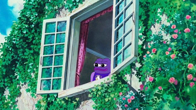 An anime-style scene showing a small purple character looking out of an open window surrounded by lush green vines and pink flowers.