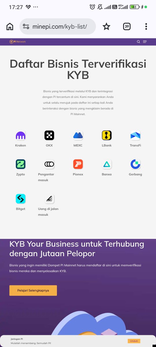 A mobile screenshot from minepi.com/kyb-list/ displays a 'Daftar Bisnis Terverifikasi KYB' page showing verified business logos including Kraken, OKX, MEXC, LBank, TransFi, Zypfo, Pioneerx, Banxa, Gerbang, and Bitget.