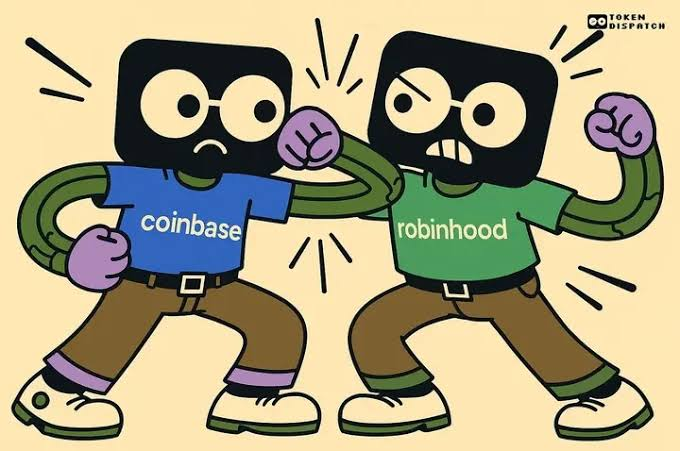 A cartoon illustration by 'Token Dispatch' showing two characters with TV-shaped heads, one wearing a blue shirt labeled 'coinbase' and the other a green shirt labeled 'robinhood', posed as if boxing each other.