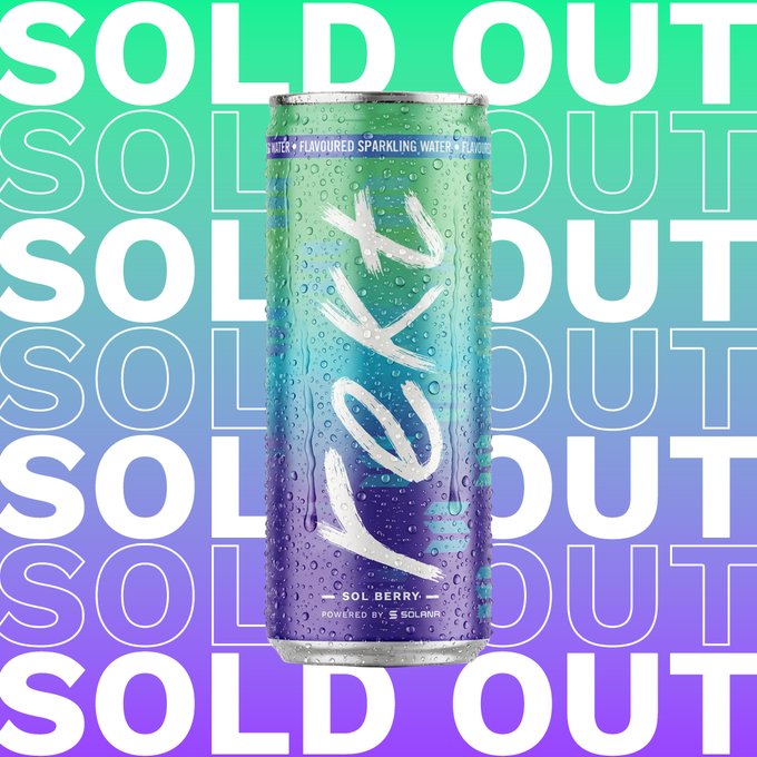 The image features a can of soda, presumably a sparkling water or energy drink called "Pek," which has been sold out. The text in the image reads "SOL Berry is SOLD OUT! Missed it? Join the restock list to be alerted to any future restocks: rekt.com/sol-berry". This message highlights that the soda can was purchased and consumed, leaving no more stock available for purchase.
