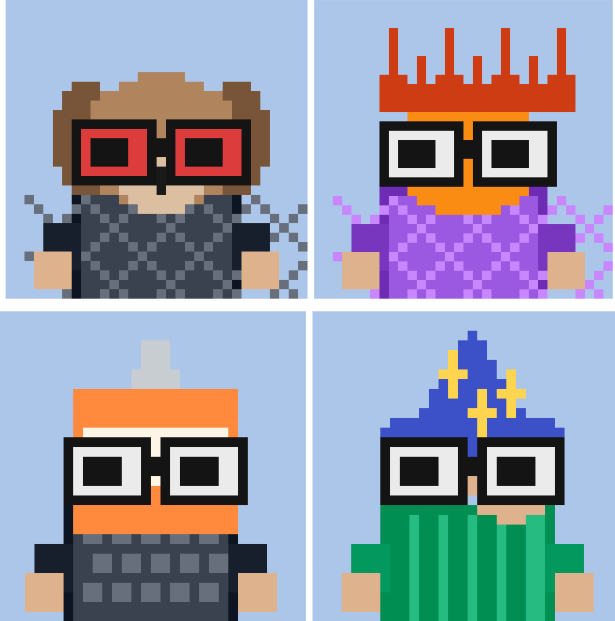A pixel art illustration showing four cartoon characters with glasses and different colored hair/hats (brown, red/orange, orange with white hat, blue wizard) arranged in a 2x2 grid.