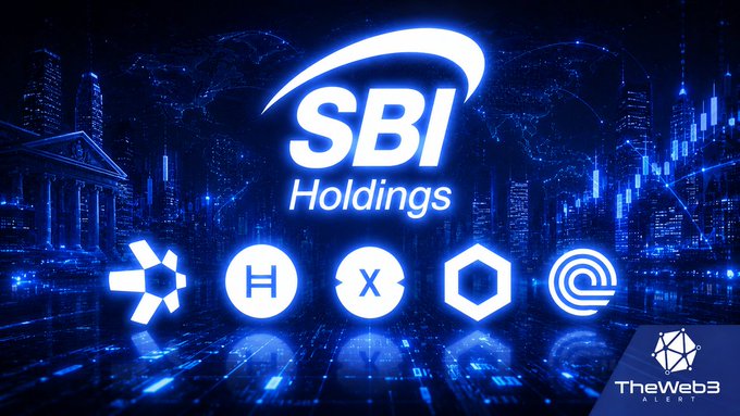 The image displays the "SBI Holdings" logo prominently in white against a dark blue futuristic cityscape background, accompanied by five cryptocurrency icons representing XRP, XDC, LINK, ONDO, and QNT—visually highlighting SBI Holdings' diverse distributed ledger technology (DLT) portfolio spanning payments, trade finance, settlement, and real-world asset tokenization. The "TheWeb3 Alerts" watermark appears in the bottom right corner, tying the image to the accompanying post's breakdown of SBI's expansive blockchain footprint.