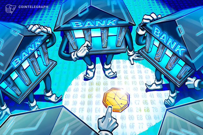 A Cointelegraph illustration depicting anthropomorphic bank buildings with legs and arms standing in a circle around a glowing golden coin on a circular platform.