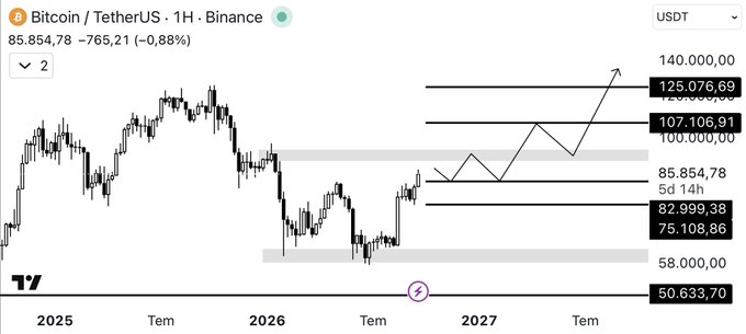 A Bitcoin/USDT price chart from Binance (1H timeframe) showing BTC trading at 85,854.78 USDT (-0.88%), with horizontal support and resistance levels marked at 125,076.69, 107,106.91, 82,999.38, 75,108.86, and 50,633.70, alongside a projected upward arrow toward 90K–95K—aligning with the post's expectation of a continued rise after a reaction near 87K.