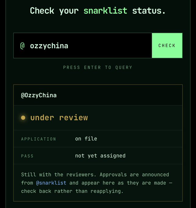 A snarklist status check interface shows the username "@ozzychina" with a status of "under review," indicating the application is on file but the pass has not yet been assigned, while reviewers continue to evaluate submissions and announce approvals from @snarklist. The image illustrates the post's message about waiting in the review queue for zkSNARKs eligibility, with the user humorously expressing their ongoing "under review" status.
