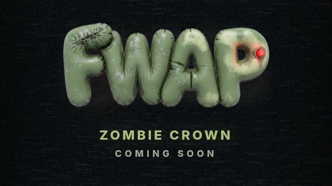 A green zombie-themed logo of the ticker "$FWA" appears with stitched, monstrous lettering featuring a glowing red eye, accompanied by the text "ZOMBIE CROWN COMING SOON." The eerie, undead aesthetic ties directly to the post's reference to a zombie on its way for $FWA.