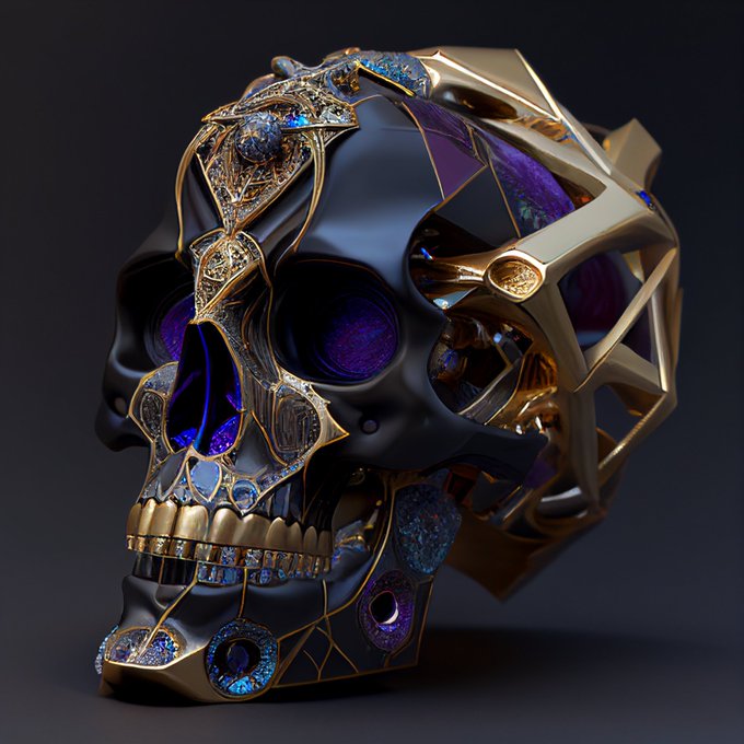 An ornate, jewel-encrusted skull with gold filigree and deep purple and blue gemstone accents sits against a dark background. The post's message about dormant NFT artists resurfacing parallels the image's theme of a once-vibrant artifact now dormant and awaiting revival.