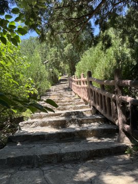 The image shows a stone staircase with a wooden railing, leading up towards a tree-filled area. The stairs are made of large rocks or stones, giving them an old-world charm. A small light pole stands near the top of the stairs, possibly providing illumination for those ascending or descending the steps at night. 

The post in the image is titled "Stepn" and has a caption that reads "#STEPN #ランニング 近くの山を走ってきた #stepn". The caption suggests that this particular staircase might be of interest to those who enjoy exploring old-world architecture or simply appreciate the beauty of natural surroundings.