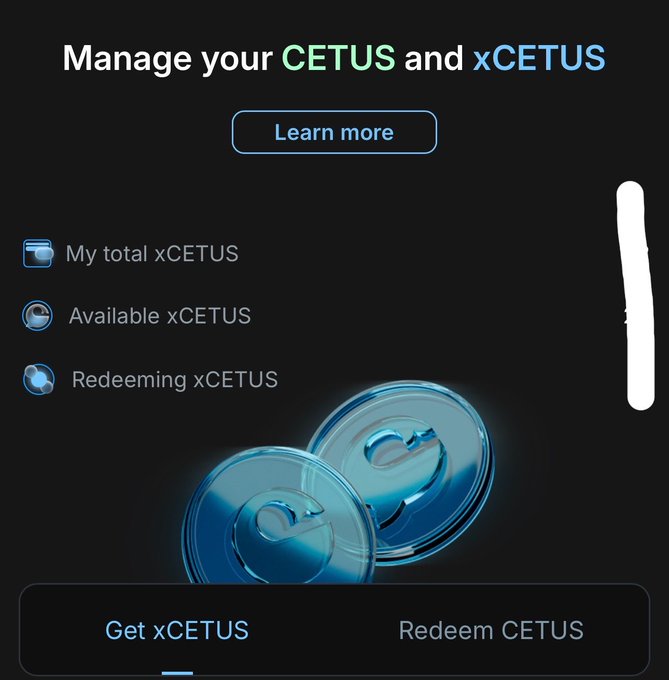 Mobile app screenshot with header 'Manage your CETUS and xCETUS' showing options for 'My total xCETUS', 'Available xCETUS', and 'Redeeming xCETUS' with an image of blue Cetus coin tokens and buttons to 'Get xCETUS' and 'Redeem CETUS'.