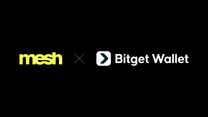 A black graphic with the logos 'mesh' and 'Bitget Wallet' separated by an X symbol, indicating a partnership.