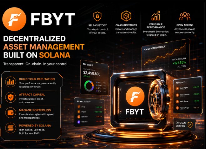 A promotional graphic for "FBYT DECENTRALIZED ASSET MANAGEMENT BUILT ON SOLANA" highlights features like Self-Custody, On-Chain Vaults, and Verifiable Performance, showing a vault valuation of $2,450,890 and a total return of +27.35%.