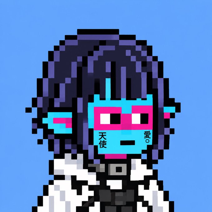 A pixel art character with purple hair, cyan skin, and pink pixelated glasses against a blue background; the glasses display Chinese characters including '天使' (angel) and '愛' (love).