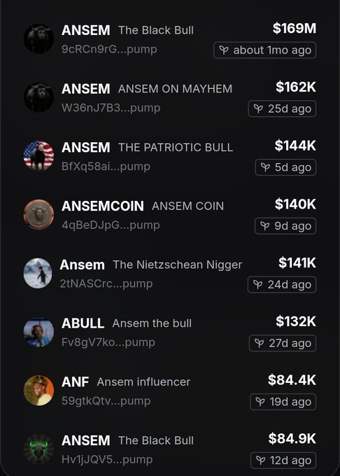 A cryptocurrency or meme coin leaderboard screenshot listing various 'ANSEM'-themed tokens and wallets, including 'The Black Bull' at $169M, 'ANSEM ON MAYHEM' at $162K, and 'THE PATRIOTIC BULL' at $144K, with .pump addresses.