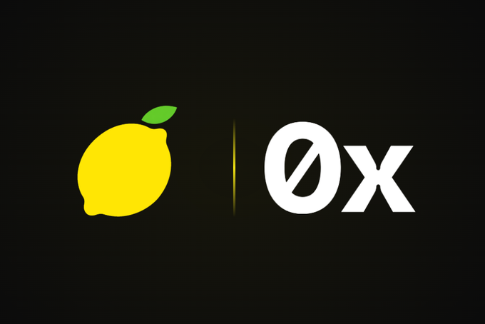 A yellow lemon icon is displayed alongside the white "0x" logo on a black background, representing the partnership between Lemon and the 0x Project for their full integration announcement.