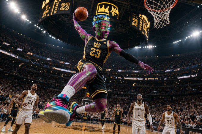 A stylized basketball scene showing a player in a purple and black '23' jersey with a crown logo mid-dunk, with other players in white 'BRONCOS' jerseys (numbers 24, 1, 33) watching on the court.
