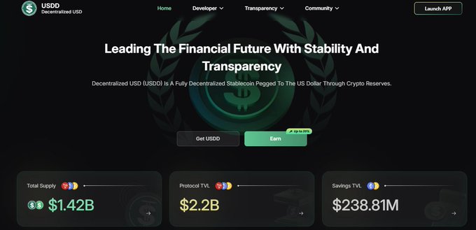 The image shows a website for a cryptocurrency called "USDC", which is part of the USDD ecosystem. The website displays information about the financial future with stability and transparency, as well as the benefits of using decentralized finance. It also highlights the growing adoption, liquidity, and user confidence in this emerging technology.